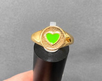 Gold Tone Green Enamel Heart Ring Size 7 | Minimalist Heart Signet Ring | Cute Statement Jewelry
