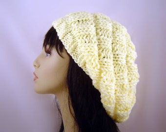 Hand Knit Oversized Slouch Beret in Pale Yellow