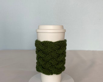 Hand Knit Coffee To Go Sleeve in Medium Thyme Cozy Woven Cable Birthday Christmas Mom Teacher