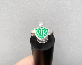 Vintage 1970s CTR Shield Ring Size 4 Adjustable Silver Tone Green Enamel LDS Child Ring SA Mark