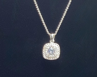 Cushion Cut CZ Halo Pendant Necklace - Silver Chain Elegant Jewelry