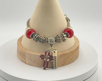 Red Beaded Charm Bracelet – Vintage Style Cross & Tassel Dangle, Boho Religious Jewelry Gift