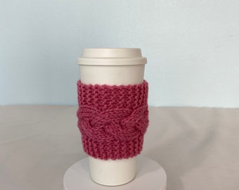 Hand Knit Coffee To Go Sleeve Cozy Cable Stitch in Raspberry Birthday Christmas Mother’s Teacher