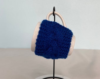 Hand Knit Coffee Mug Cozy Cable Stitch in Blue Christmas Birthday Teacher Housewarming