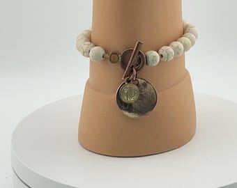 White Howlite Beaded Bracelet – Natural Gemstone Stretch Bracelet with Monogram Charm, Serenity Stone