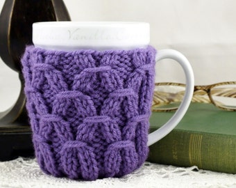 Lavender Hand Knit Coffee Mug Cozy Coaster