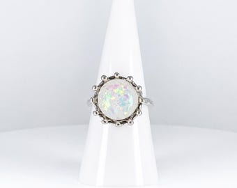 Vintage 1990s Glass Opal Ring Size 6.5 Silver Tone Statement Ring Rainbow White Opal Cocktail Ring Gift for Her
