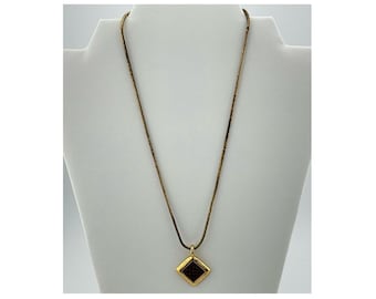 Worthington Vintage Necklace – Gold Tone Diamond Pendant with Brown Leather Inlay – Retro Jewelry Gift