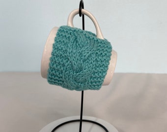 Hand Knit Coffee Mug Cozy Cable Stitch in Aqua Christmas Birthday Teacher Housewarming
