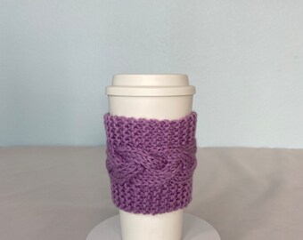 Hand Knit Coffee To Go Sleeve Cozy Cable Stitch in Orchid Birthday Christmas Mother’s Teacher