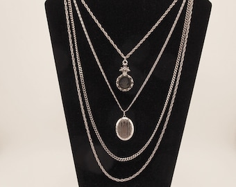 Goldette Layered Locket Necklace – Vintage Multi Chain Jewelry with Cameo & Oval Pendant