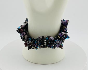 Chunky Beaded Statement Bracelet – Black, Purple & Blue Crystal Cluster Jewelry, Bold Fashion Cuff