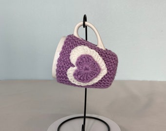 Orchid Hand Knit Coffee Mug Cozy Coaster Double Heart