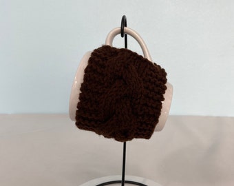 Hand Knit Coffee Mug Cozy Cable Stitch in Coffee Christmas Birthday Teacher Housewarming