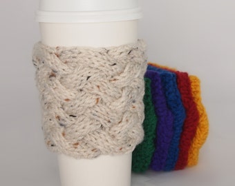 Hand Knit Coffee To Go Sleeve Cozy Woven Cable Starbucks in Aran Fleck