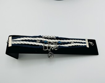 Braided Leather Love Charm Bracelet: Blue & White Friendship Jewelry