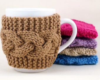 Hand Knit Coffee Mug Cozy Cable Stitch in Warm Brown