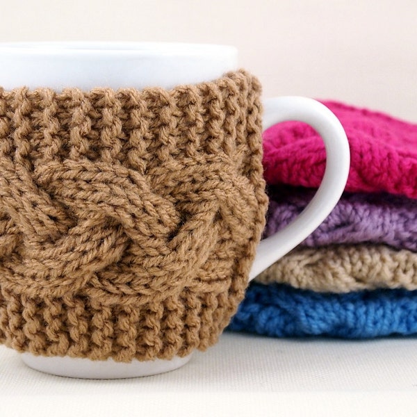 Hand Knit Coffee Mug Cozy Cable Stitch in Warm Brown