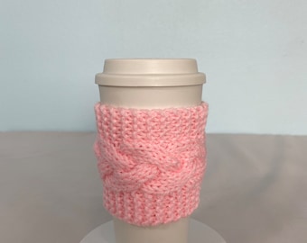 Hand Knit Coffee Mug Coaster Cozy Cable Rib in Baby Pink Birthday Mother Teacher Christmas