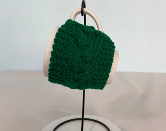 Hand Knit Coffee Mug Cozy Cable Stitch in Green Christmas Birthday Teacher Housewarming