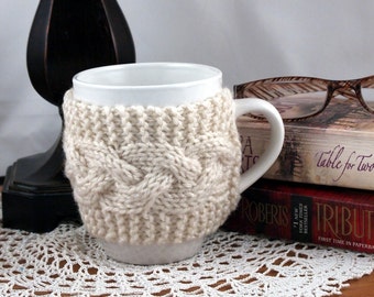 Aran Hand Knit Coffee Mug Cozy Cable Stitch