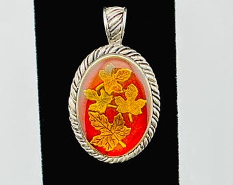 Vintage KC Leaf Pendant: Oval Resin Necklace, Silver Tone Frame