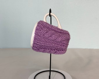 Hand Knit Coffee Mug Coaster Cozy Cable Rib in Orchid Birthday Mother Teacher Christmas