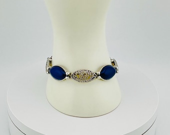 Acrylic Cabochon Bracelet with Silver Filigree Accents – Boho Statement Jewelry