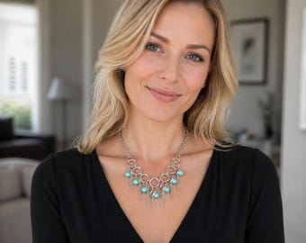 Teal Bead Bib Necklace: Silver Chain Statement Jewelry