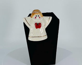 Vintage Ceramic Angel Brooch | Hand Painted Apple Heart Teacher Gift