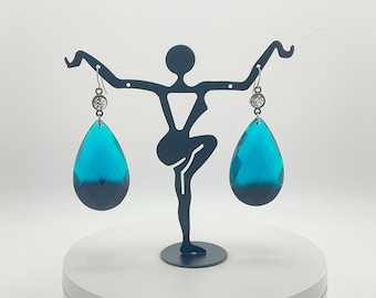 Blue Crystal Teardrop Dangle Earrings: Rhinestone Accent, Statement Jewelry