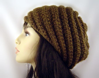 Hand Knit Chunky Slouch Beret in Wool Spiral design