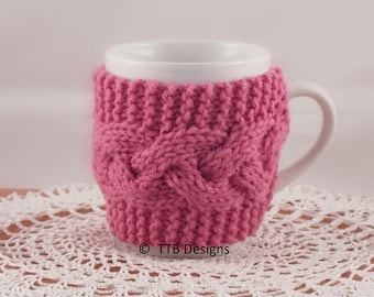 Hand Knit Coffee Mug Cozy Cable Stitch in Light Raspberry