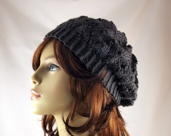 Hand Knit Horseshoe Lace Beret in Charcoal