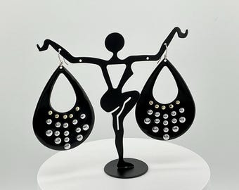 Vintage Black Enamel Teardrop Earrings: Retro Gold & Silver Accents