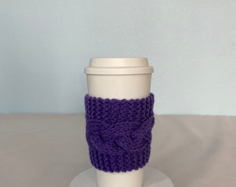 Hand Knit Coffee To Go Sleeve Cozy Cable Stitch in Lavender Birthday Christmas Mother’s Teacher