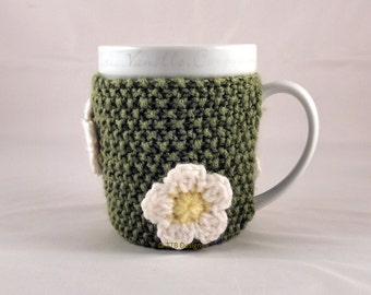 Hand Knit Seed St Spring Flower Coffee Mug Cozy in Tea Leaf
