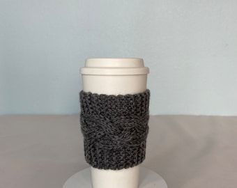 Hand Knit Coffee To Go Sleeve Cozy Cable Stitch in Gray Heather Birthday Christmas Mother’s Teacher