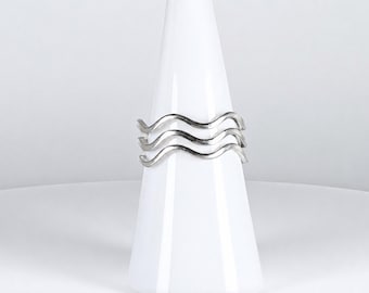 Stainless Steel Triple Wave Ring, Size 7, Minimalist Silver Tone Statement Band, Modern Curved Stack Look