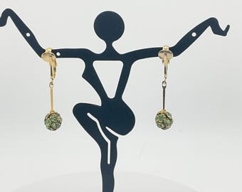 Vintage Gold Tone Dangle Earrings with Green Rhinestone Orbs – Retro Clip On Jewelry 1960's