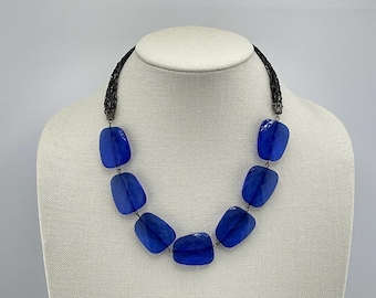 Chunky Cobalt Blue Statement Necklace: Retro Art Deco Bead Jewelry