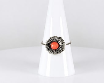 Antique Silver Tone Flower Ring Size 8, Faux Coral Cabochon, Floral Statement Ring, Cottagecore Jewelry, Boho Gift