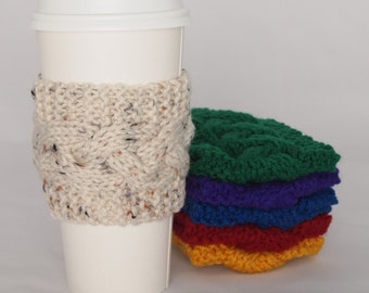 Aran Fleck Hand Knit Coffee To Go Sleeve Cozy Cable Stitch Starbucks