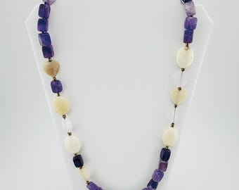 Amethyst, Pineapple Quartz, and Agate Beaded Necklace with Heart Accents – Gemstone Statement Jewelry