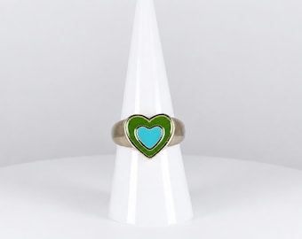 Vintage 1990s Gold Tone Enamel Heart Ring Size 7.5 | Green & Blue Double Heart Statement Band | Retro Fashion Jewelry