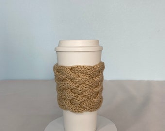 Desert Sand Hand Knit Coffee To Go Sleeve Cozy Woven Cable Birthday Christmas Mom Teacher