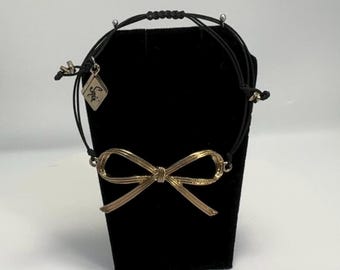 Gold Bow Bracelet - Black Waxed Cord - Adjustable Sequin Charm