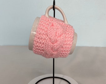 Hand Knit Coffee Mug Cozy Cable Stitch in Baby Pink Christmas Birthday Teacher Housewarming