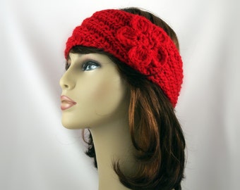 Hand Knit Ear Warmer Headband Wool in Red