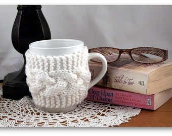 White Hand Knit Coffee Mug Cozy Cable